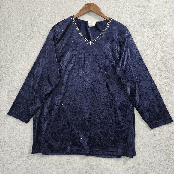 Vintage Bentley Womens Large Navy Blue Velvet Studde  V-Neck Long Sleeve Top JPT - Picture 1 of 8